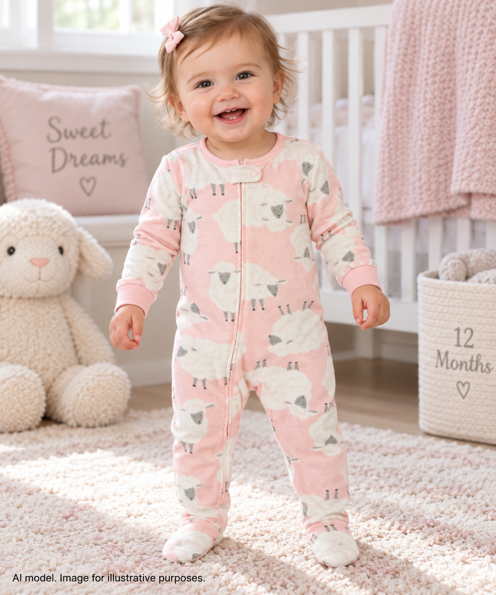 Carter's One Piece Girls 12 Months Pink Fleece Footed Sheep Zip Pajamas Non Skid
